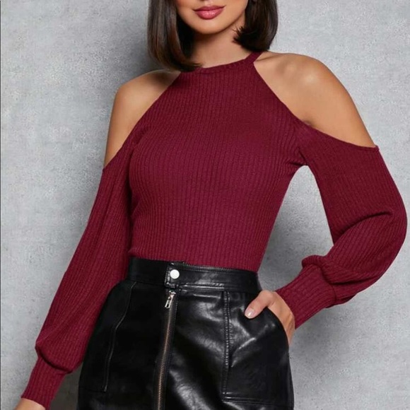 Boho sold shoulder ribbed knit dress burgundy - Picture 1 of 15